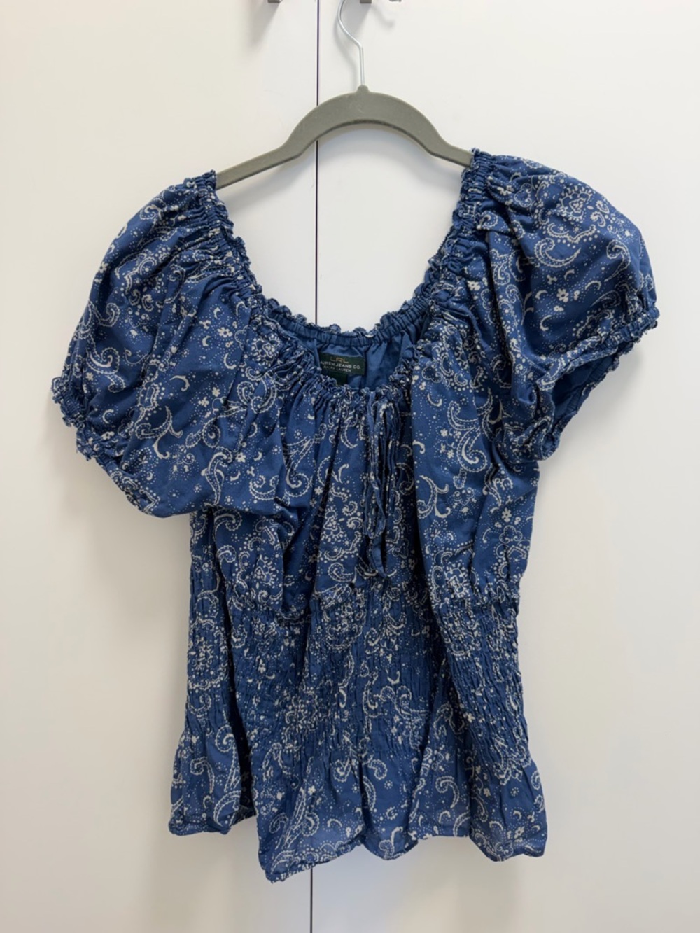 Ralph Lauren Navy Paisley Puff-Sleeve Blouse